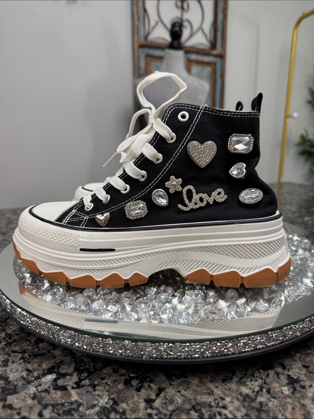Taxi Platform High-Top Sneakers with Crystal Heart & 'Love' Accents - Black EUC